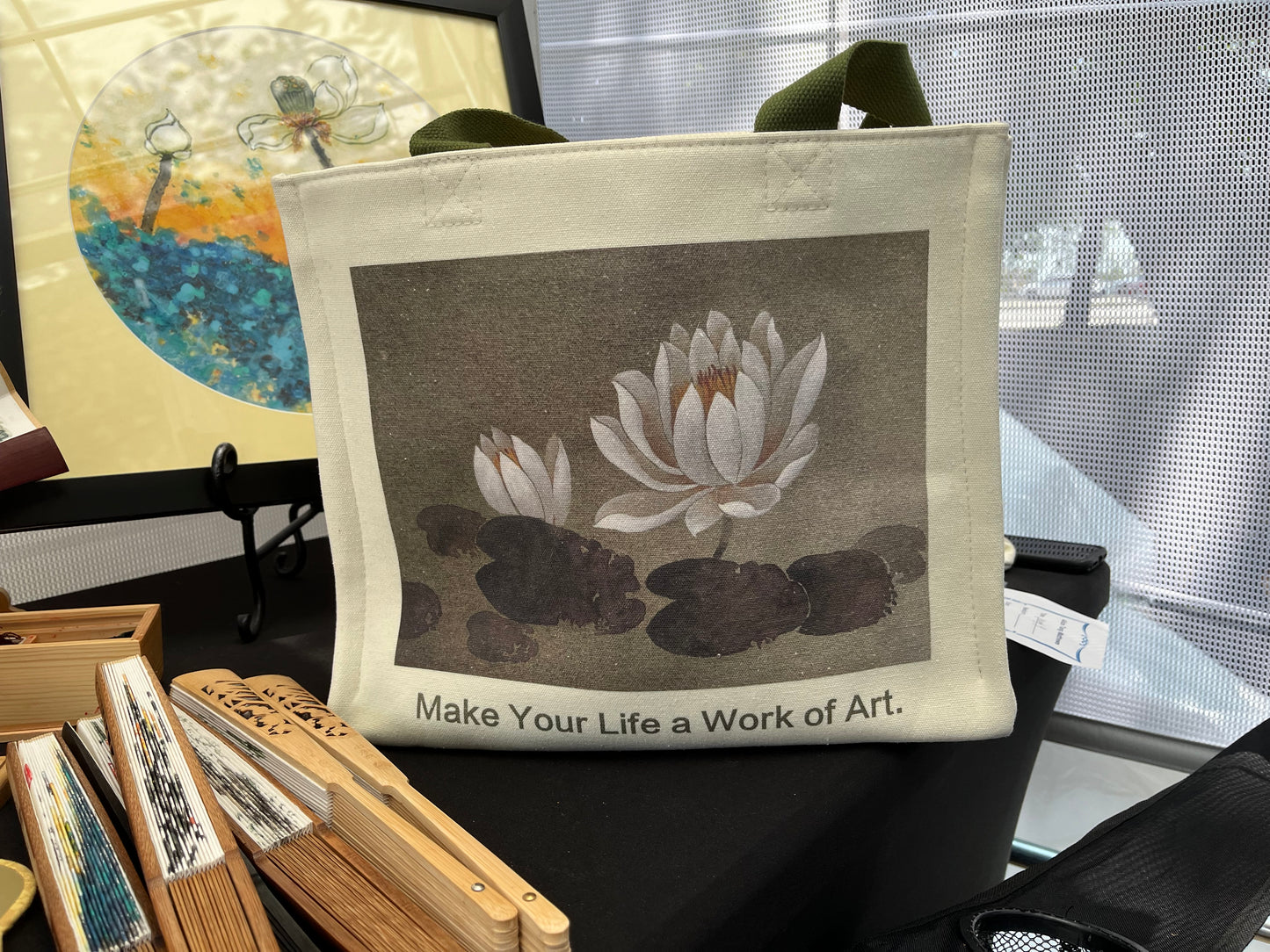 Handbag Tote with Original Chinese/Japanese art( White waterlily)
