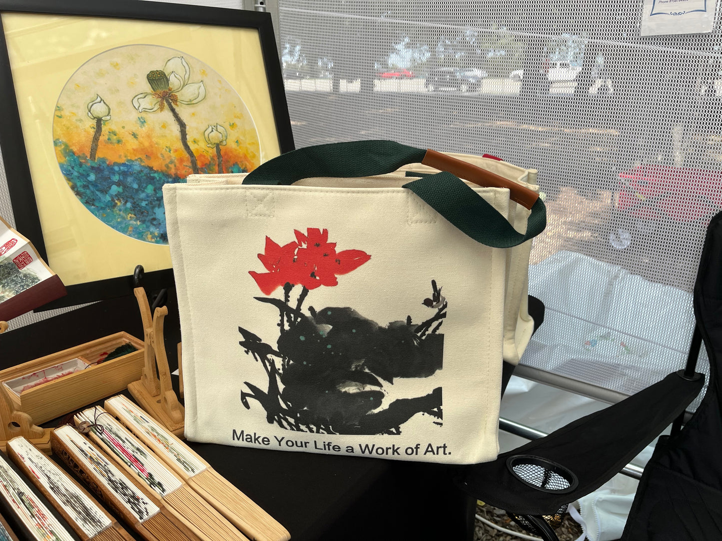Handbag Tote with Original Chinese/Japanese art(Red Louts)