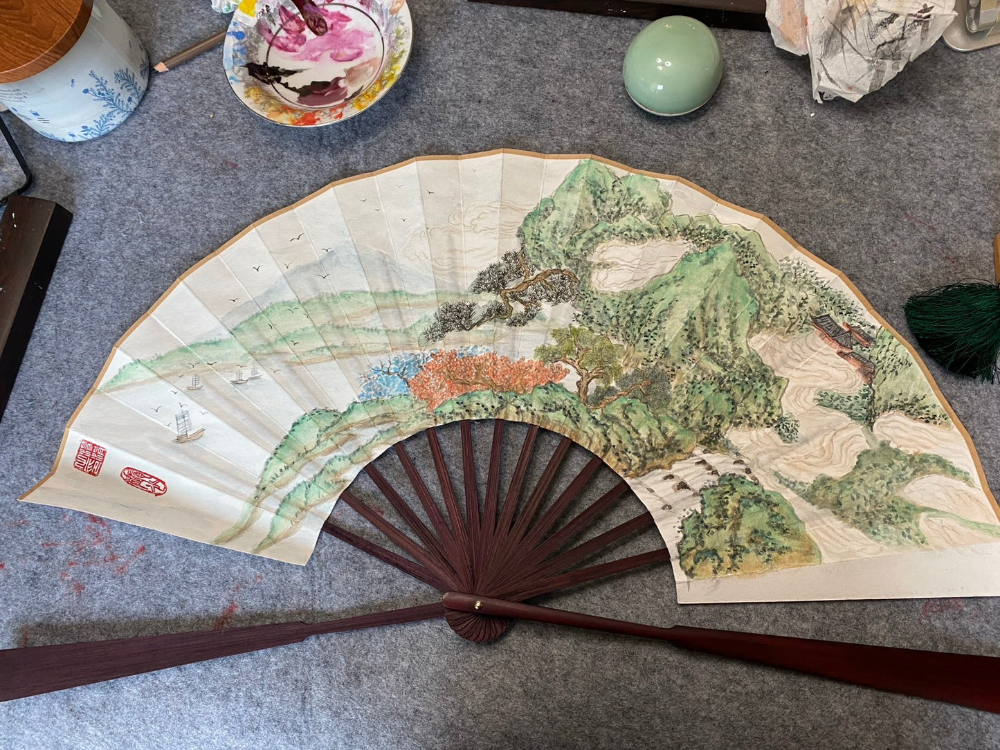 Traditional Chinese brush paintings on folding fans